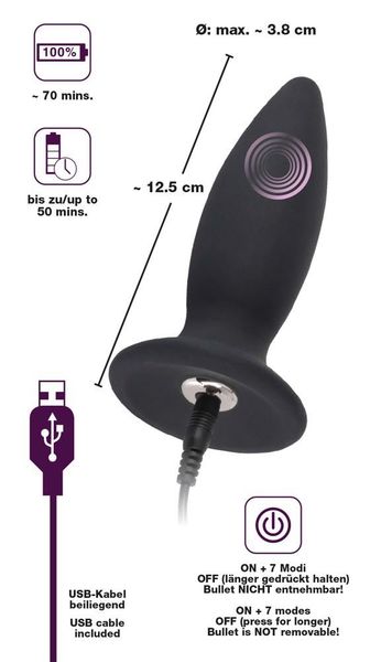 Анальна пробка Black Velvets Rechargeable Plug M, 12,5 см (черный) 7447 фото