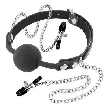 Кляп із затискачами для сосків Gag Ball With Nipple Clamps, 4 см (чорний) 17960 фото