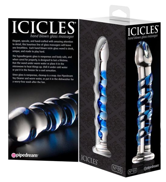 Стеклянный фаллоимитатор Icicles №05, 17,8 см (синий) 4094 фото